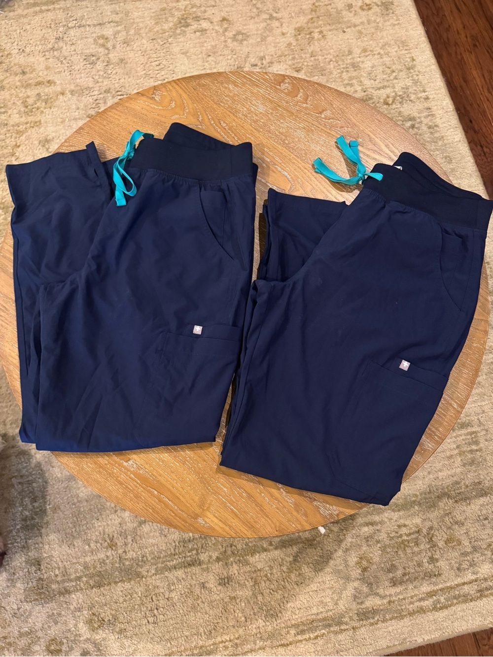 Figs Wide Leg Scrub Pants in Navy with Teal Drawstring